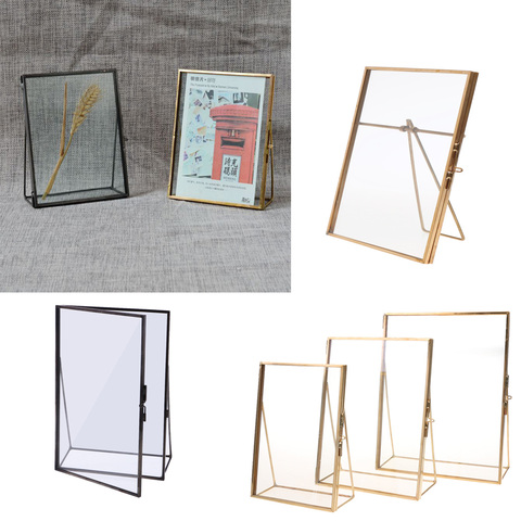 Simple Antique Gold Rectangle Glass Photo Frame Folding Desktop Picture Brass Frames for Portraits and Landscape Home Decoration ► Photo 1/6
