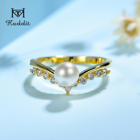 Kuololit 100% Moissanite 10K Yellow Gold Rings for Women Round Genuine White Fresh Pearl Ring for Engagement Wedding Bride Gift ► Photo 1/6