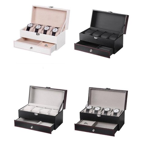 4 Grids Double Layer Watch Box Carbon Fiber PU Watch Case Boxes Holder Organizer Jewelry Box for Wedding Decoration Best Gift ► Photo 1/6