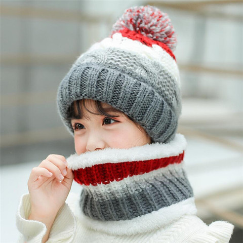 Big Kids Winter Knit Hat and Scarf Set Child Plush Warm Pom Pom Cap Scarves 2022 Girls Patchwork Circular Scarf Hat  5-12T ► Photo 1/6