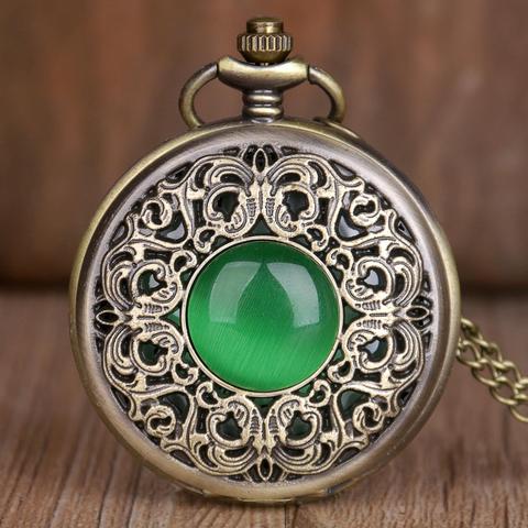 Antique Steampunk  Hollow Green Crystal Emerald Imitation Stone Quartz Pocket Watch Necklace Woman Fob Watch TD2130 ► Photo 1/4