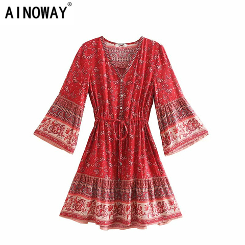 Vintage chic women hippie floral print  tassel V-neck  Bohemian mini dress Summer ladies flare sleeve  Boho dresses vestidos ► Photo 1/6