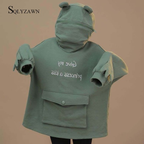 Women Cute Ear Frog Pullover Sweatshirt Mid-length Green Oversized Homewear Hoodies Women Creative Clothes 2022 Winter New ► Photo 1/6