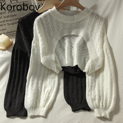 Korobov Hollow Out Women Sweaters Vintage O Neck Long Sleeve Female Pullovers 2022 Autumn New Chic Streetwear Sueter Mujer ► Photo 1/5