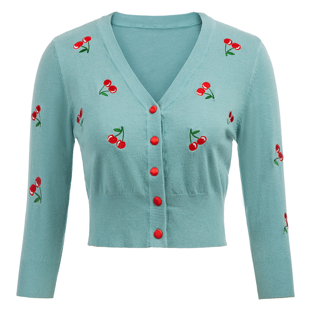 Women Vintage Jackets Cardigans  Autumn Spring Womens Cherries Embroidery 3/4 Sleeve V-Neck Cropped Knitting Coat Knitwear ► Photo 1/6