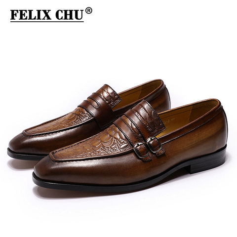 FELIX CHU Casual Business Men's Dress Shoes Genuine Leather Crocodile Print Brown Party Wedding Mens Loafers With Double Buckles ► Photo 1/6