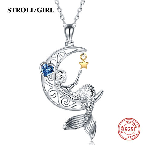 Strollgirl New 925 Sterling silver beautiful Mermaid pendant chain zircon moon star necklace for Women Fashion Jewelry free ship ► Photo 1/5