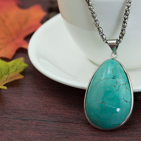 Retro Ethnic Green Turquoises Pendant Necklaces Vintage Rock Big Size Teardrop Reiki Stone Choker Chain Necklaces for Women Male ► Photo 1/6