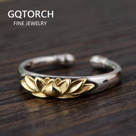 Guaranteed 925 Sterling Silver Lotus Rings For Women Thai Silver Gold Color Resizable Vintage Rings Elegant Jewelry ► Photo 1/6