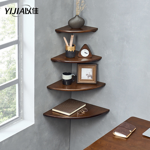 Solid wood fan-shaped corner shelf modern living room multifunctional tripod storage flower shelf ► Photo 1/6