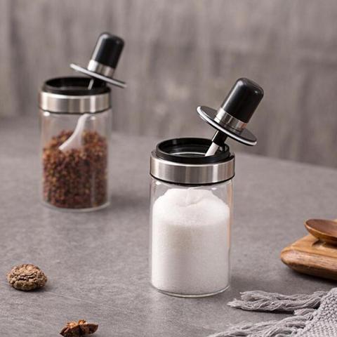 Kitchen Accessories Kitchen Glass Condiment Spice Jar Salt Pepper Storage Pot Spice Container with Spoon Spice Organizer ► Photo 1/6