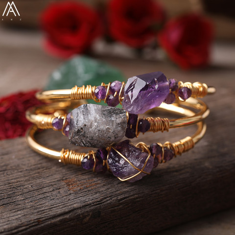 Gold Copper Wire Wrapped Natural Phantom Quartz Amethysts Quartz Chunky Nugget Beads Open Cuff Bangles Wpmen Bracelets Jewelry ► Photo 1/5