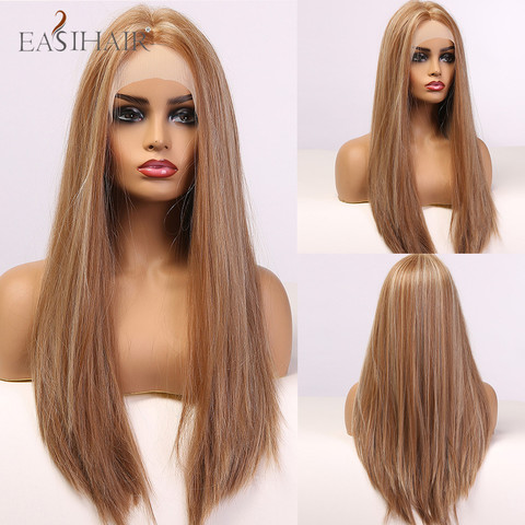 EASIHAIR Lace Front Hair Wigs Long Straight Brown Synthetic Blonde Highlight Lace Wigs for Black Women Brazilian Heat Resistant ► Photo 1/6