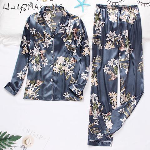 Women Silk Satin Pajamas Set Long Sleeve Trousers Pajamas Button-Down Printing Sleepwear Loungewear Women's Set Pyjamas Mujer ► Photo 1/6