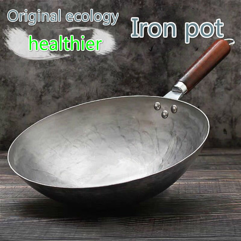 30-34cm Chinese Traditional Iron Wok Handmade Large Wok with Wooden Handle  Frying Pan Non-stick Wok Gas Cooker Kitchen Cookware