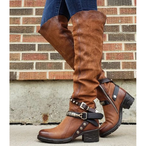 Women Winter Leather Punk style knee boots Vintage stud zip Women's boots with belt buckle Plus Size shoes ► Photo 1/6
