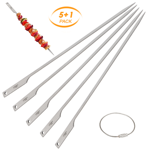 Lixada 5pcs Reuse Flat Titanium Barbecue Skewers Outdoor Backyard Picnic BBQ Grilling Kabob Skewers BBQ Sticks with Wire Ring ► Photo 1/6