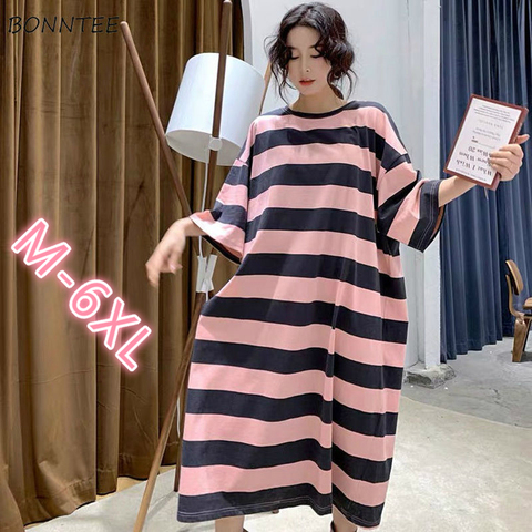 Nightgowns Women Striped Knee-length Large Size 6XL Korean Loose Leisure Fashion Oversize Sleepshirts Womens Cotton Breathable ► Photo 1/6