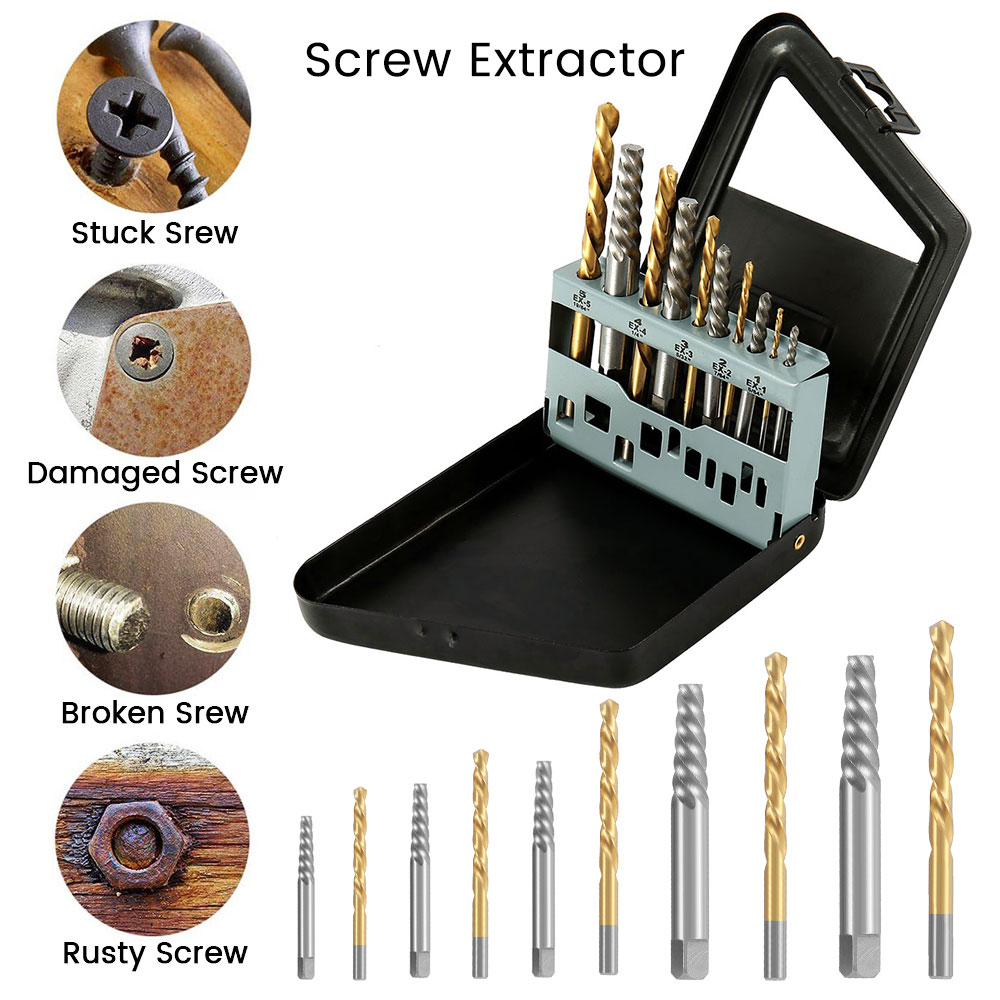 10pc Screw Extractor  Left Hand  Drill Bit Set Easy Out Broken Bolt Remover New 