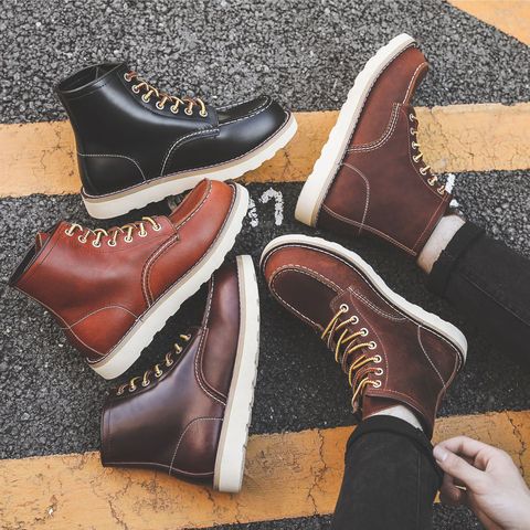 Men Spring Winter Casual Shoes Round Toe Genuine Leather Work Ankle Boots Vintage Military Motorcycle Boots Snow Warm Big Size ► Photo 1/6