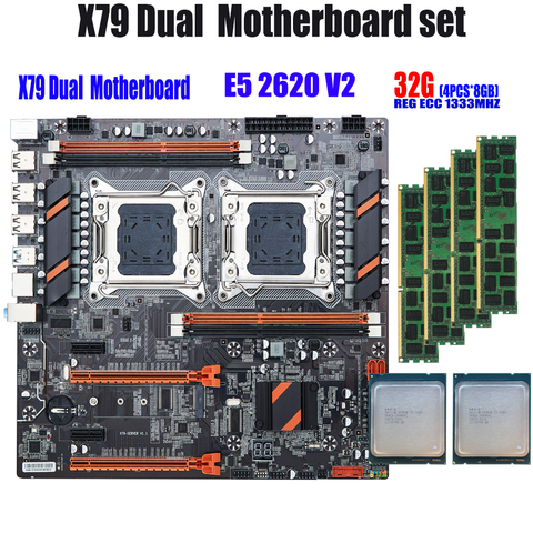 QIYIDA X79 Dual CPU motherboard set with 2 × Xeon E5 2620 V2 4 × 8GB = 32GB 1333MHz PC3 10600 DDR3 ECC REG memory ► Photo 1/6