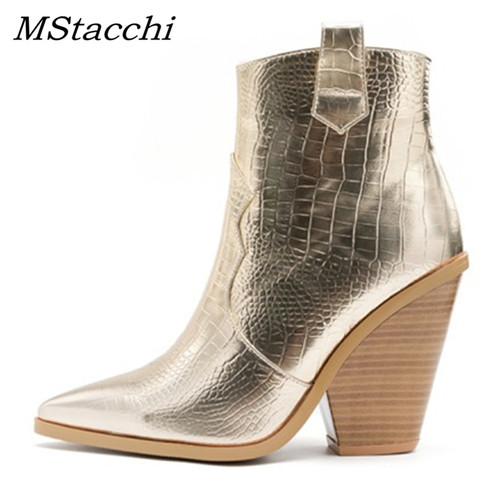 MStacchi Gold Snake Print Ankle Boots For Women Wedge High Heels Boots Woman Runway Design Chunky Heels Botas Mujer Western boot ► Photo 1/6