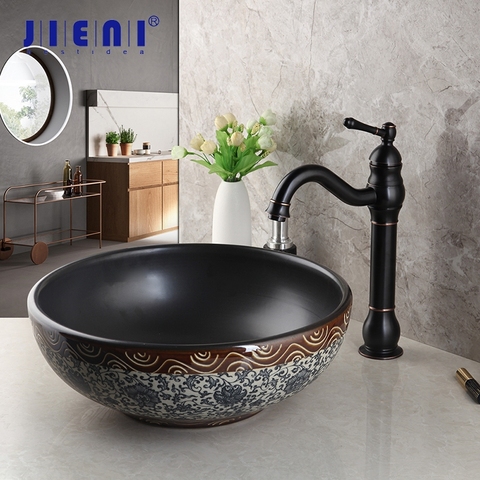 JIENI Black Bathroom Sink Washbasin Ceramics Hand-Painted Waterfall Lavatory Bath Combine Brass Set Faucet Mixers & Taps ► Photo 1/6