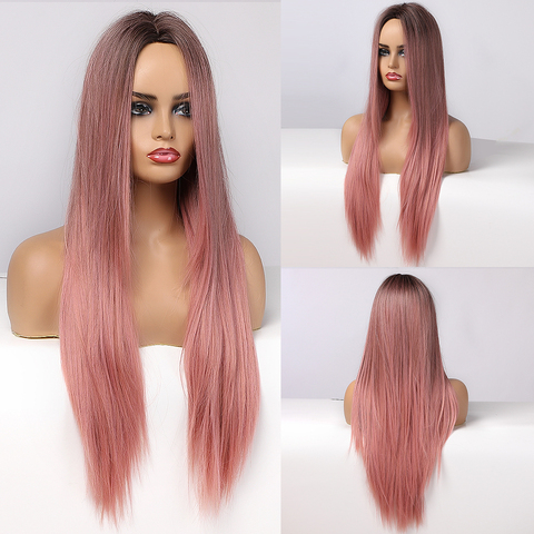 ALAN EATON Ombre Black Pink Straight Long Synthetic Wigs For Women Natural Middle Part Cosplay Lolita Wigs Heat Resistant Fibre ► Photo 1/6