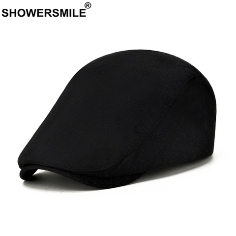 SHOWERSMILE Solid Black Spring Summer Flat Cap for Men Cotton British Style Casual Beret Retro Adjustable Men's Ivy Hats ► Photo 1/6