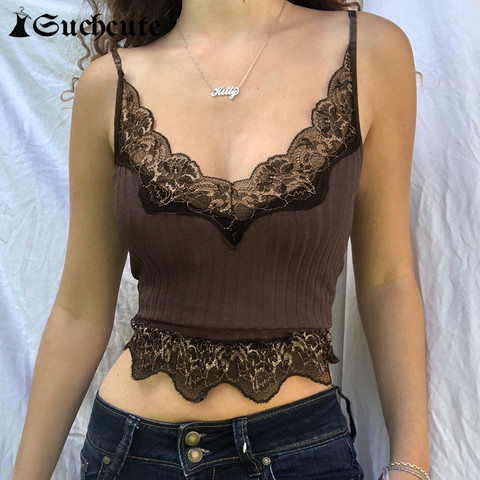 SUCHCUTE Goth Aesthetic Lace Patchwork Tank Tops For Women Sexy V-Neck Brown Retro Crop Tops Summer y2k Fashion Casual Camisole ► Photo 1/6