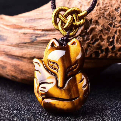 Chinese Natural Tiger-Eye Stone Fox Pendant Necklace Jewellery Hand-Carved Relax Healing Women Man Luck Gift Free Rope ► Photo 1/6