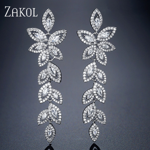 ZAKOL Fashion Zirconia Crystal Bridal Long Drop Earrings for Women Leaves Wedding Earrings Engagement Party Jewelry FSEP2348 ► Photo 1/5