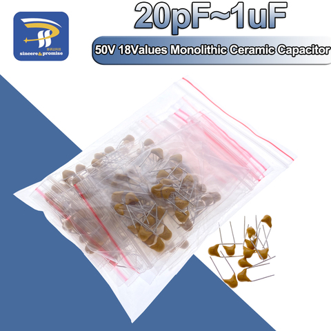 18values*10pcs =180pcs Monolithic Ceramic Capacitor 20pF~1uF, (105) 50V Multilayer Ceramic Capacitor Assorted Kit 22PF 30PF 100P ► Photo 1/6