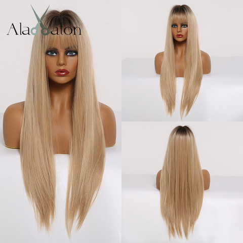 ALAN EATON Synthetic Hair Wigs with Bangs Long Silk Straight Wigs for Women Heat Resistant Ombre Black Brown Golden Cosplay wigs ► Photo 1/6