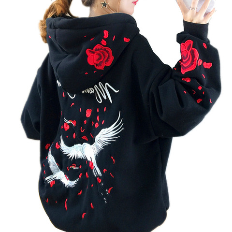 High Quality Autumn Winter Thicken Hoodie Chinese Style Crane Rose Embroidered Sweatshirt Oversized Warm Long Pullover Outwear ► Photo 1/6