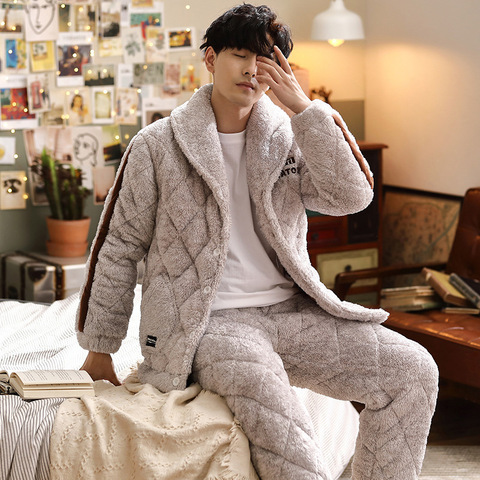Men's Pajamas Winter Three-layer Quilted Plus Velvet Thick Coral Fleece Suit Flannel Warm Home Service Autumn and Winter Fashion ► Photo 1/5