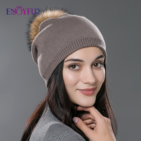 Women winter hat wool knitted beanies cap real natural fox fur pompom hats solid colors gorros cap female causal hat ► Photo 1/6