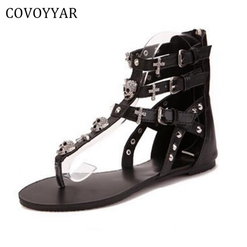 COVOYYAR 2022 Rivets Gladiator Women Sandals Skull  Flip Flops Beach Summer Flat Black Women Lady Shoes Plus Size 40 WSS738 ► Photo 1/6