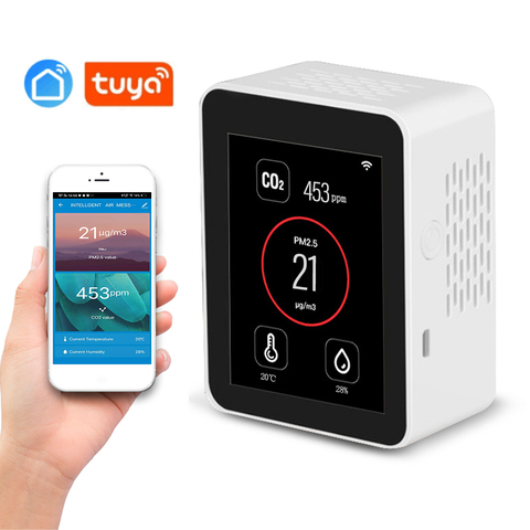 Tuya WiFi Intelligent Air Quality Detector PM2.5 CO2 TVOC HCHO Temperature  Humidity 6 In 1 Detector