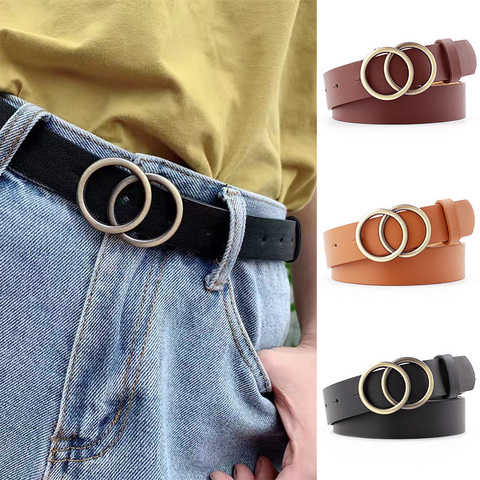 Women Fashion Big Double Ring Circle Metal Buckle Belt Wild Waistband Ladies Wide Leather Straps Belts for Leisure Dress Jeans ► Photo 1/6