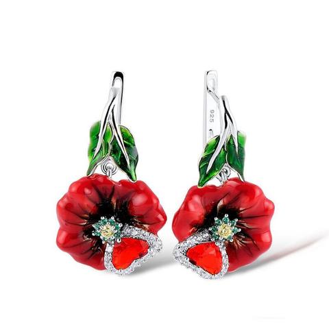 Trendy Bohemia Red Flower Enamel Dangle Earrings for Women Big Heart Zircon Stone Romantic Silver Earrings Wedding Party Jewelry ► Photo 1/6