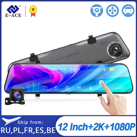 E-ACE Car Dvr 12 Inch Stream Media RearView Mirror 2K Night Vision Video Recorder Auto Registrar support 1080P Rear View Camera ► Photo 1/6