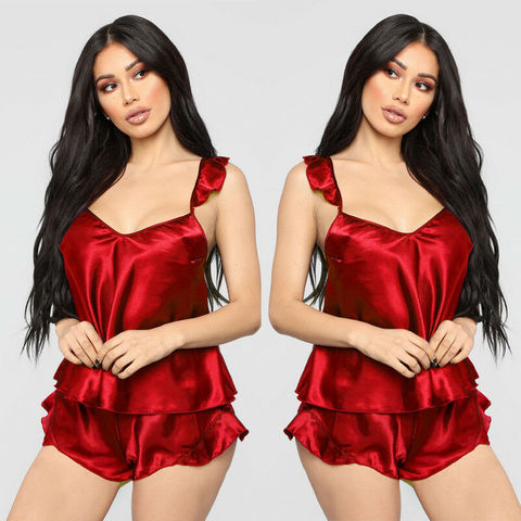 Women Sleepwear Babydoll  Lingerie Nightwear Shorts Pjama Set Ruffles Solid Satin Silk Lace Homewear Plus size Size S-XXL ► Photo 1/6