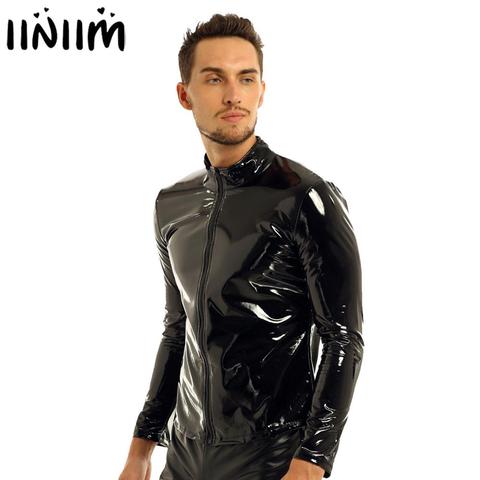 iiniim Men Shiny Metallic Long Sleeve Front-Zip Stand Collar Tops Wet Look Patent Leather Night Clubwear Shirt Top Performance ► Photo 1/6