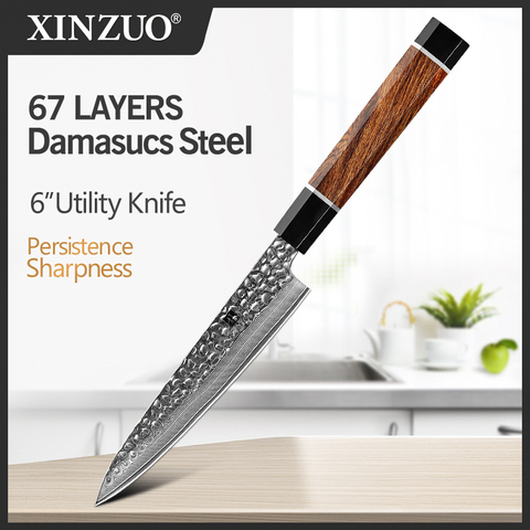 XINZUO 6'' inch Utility Knife 67 Layers Japanese Damascus Steel Kitchen Knife Sharp Multi-purpose Knives with Ironwood Handle ► Photo 1/6