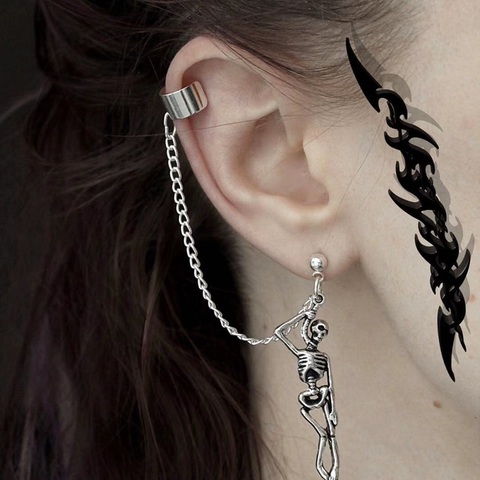 Vintage Punk Silver-Color Skull Skeleton Pendant Dangle Earrings For Women Hip-hop Long Chain Tassel Asymmetry Ear Jewelry Gifts ► Photo 1/6