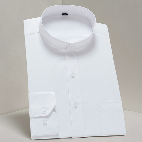 Men's Casual Standard-Fit Long-Sleeve Band-Collar Shirt Single Patch Pocket Elegant Fashion White Work Office Basic Dress Shirts ► Photo 1/6