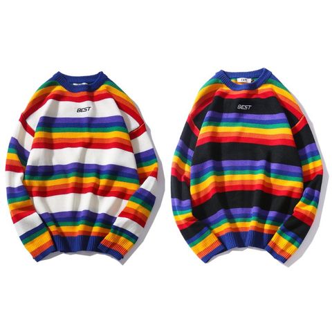 Men Women Oversized Sweater Rainbow Striped Round Neck Stitching Color Casual Style Long Sleeve Pullover Tops ► Photo 1/6