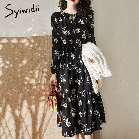 Syiwidii Dress for Women Vintage Floral Print Maxi Casual Lantern Sleeve Spring Autumn Empire Plus Size Black 2022 Fashion Long ► Photo 1/6