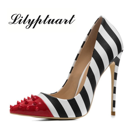 Lilyptuart Studded High Heels 12cm Stilettos Women Pointed Toe Rivet Ladies Party Pumps Zebra Shallow Colorful Shoes Woman 34-44 ► Photo 1/6